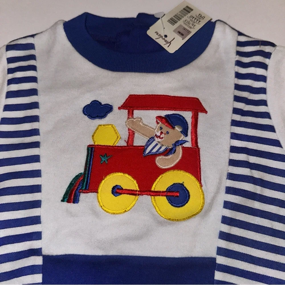 NWT Vintage Baby Kisses Romper Infant 12 Months Blue Appliqued Train stripes NEW